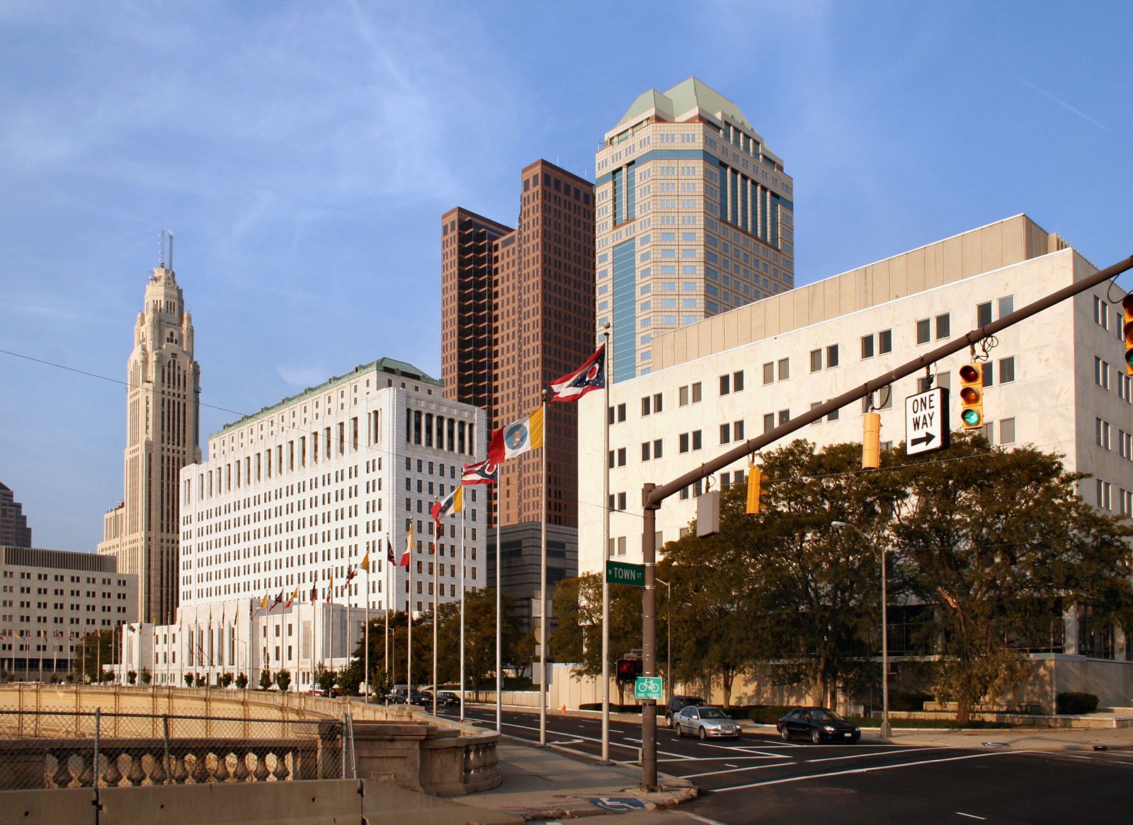Columbus, Ohio skyline beside the Scioto River, photographed in 2005